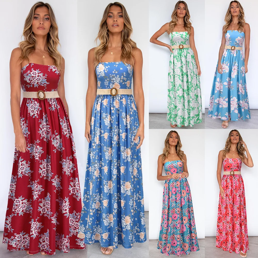 

Yg brand women's 2021 summer new sexy open back belt Print Long bra Sling Dress