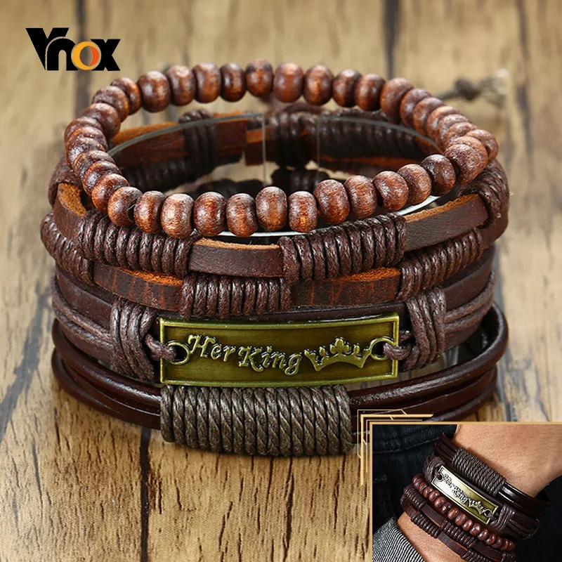 

Vnox Men 4Pcs/ Set Braided Wrap Leather Bracelets Vintage Her King Rudder Life Tree Charms Wood Beads Ethnic Tribal Wristbands