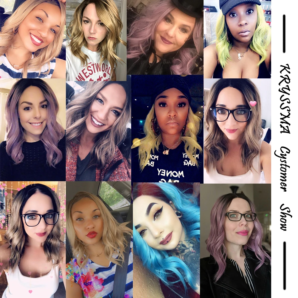 

Kryssma Short Bob Wavy Wig Lace Front Wigs For Women Ombre purple Wvy Snthetic Lce Font Wgs Apply to Party Very Ntural cosplay
