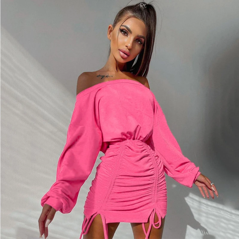 

Women Casual Draw String Diagonal Collar Dress Spring Autumn Solid Color Pleated Jumper Lantern Sleeve Slim Female Mini Dresses