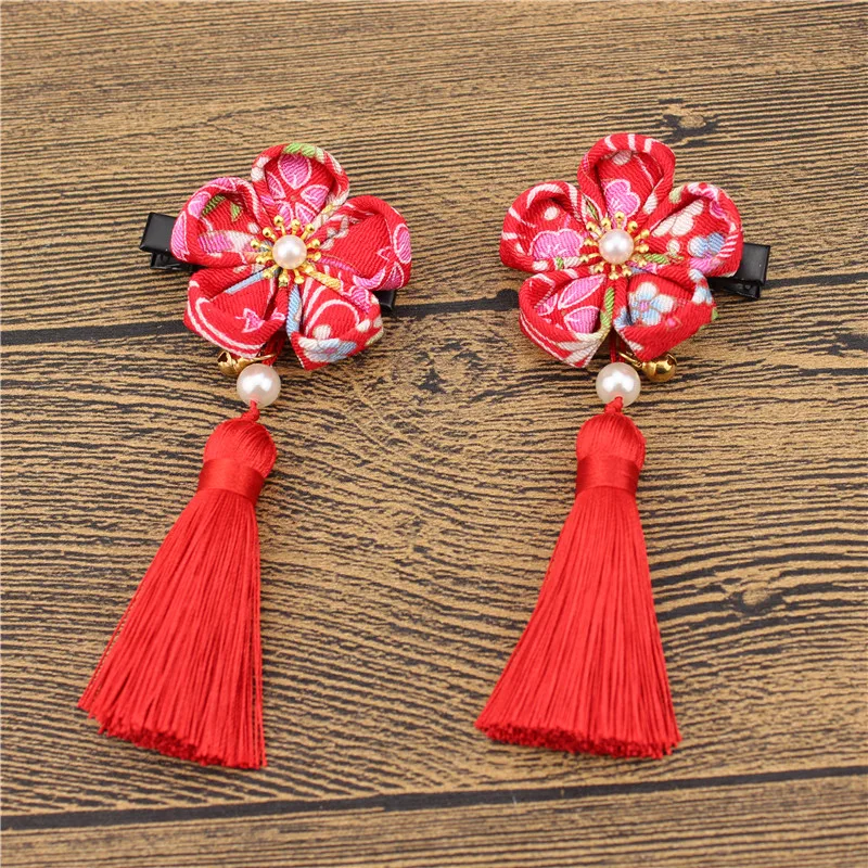 Японский стиль Kanzashi заколки для волос с кисточками и бусинами, цветок для девочек, заколки для волос, фестиваль, приношение возраста, кимоно Сакура, юката HW022