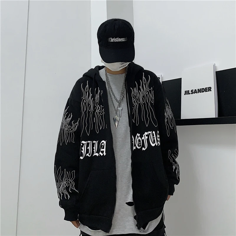 

2021 Fall Women New INS Dark Street Flame Print Oversized Hooded Cardigan Y2K Loose Plus Fleece Jacket Trend Unisex