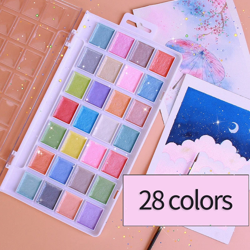 

Pearlescent watercolor solid pigment set nail cute fresh macarons 28 colors art supplies children's drawing tools for students