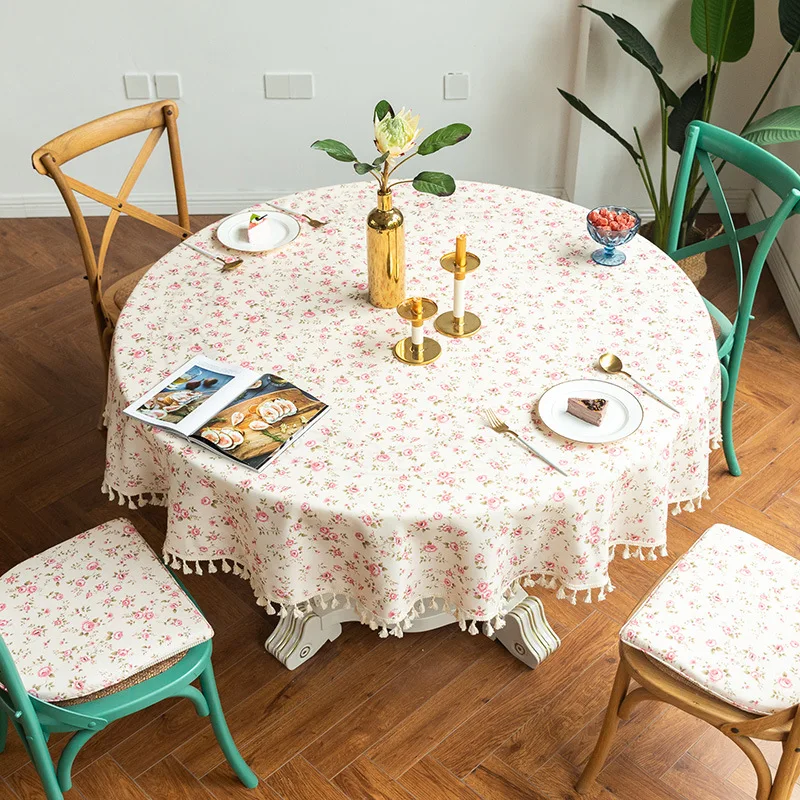 

Polyester Cotton Cloth Round Tablecloth Floral Tassel Tablecloth Restaurant Printed Table Cover Cloth Home Table Top Decoration
