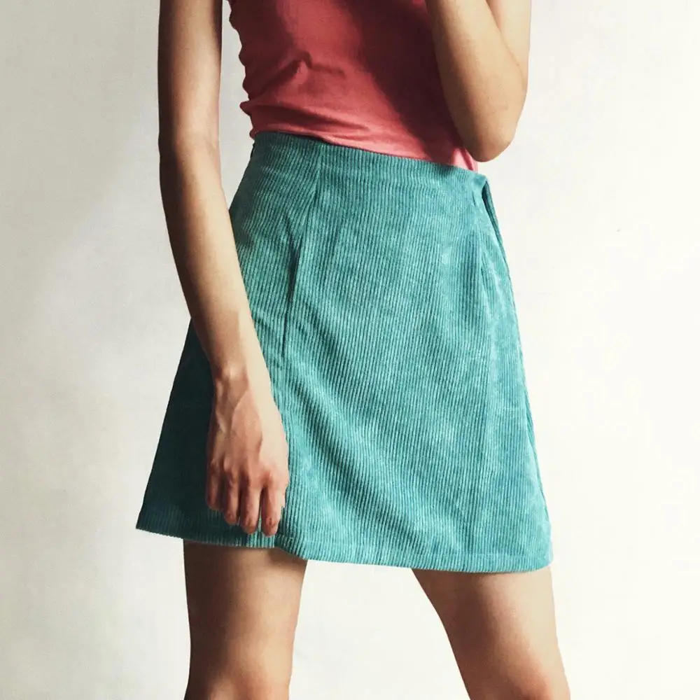 

2020 high waist corduroy skirt solid color split A-line skirt