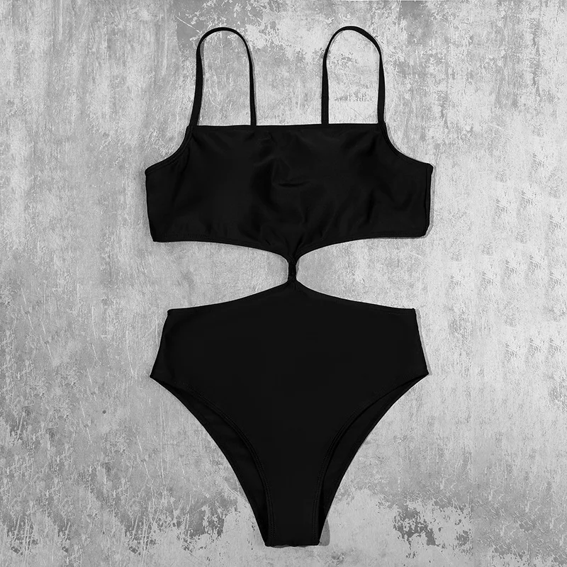 

Qeils Black Sexy One Piece 2021 Hot Sale Straps Padded Bra Hollow Out Swimsuit Solid Swimwear Women Bathing Suit