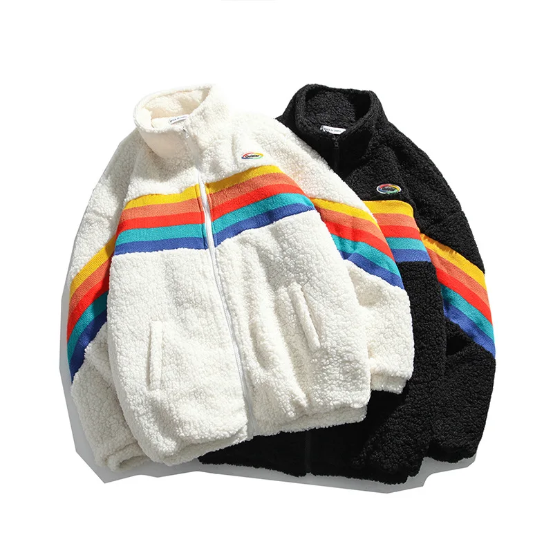

2020 New Women's Fashion Ins Style Rainbow Contrast Stand Collar Jacket Cotton Padded Fleece Couple Loose Korean Jacket