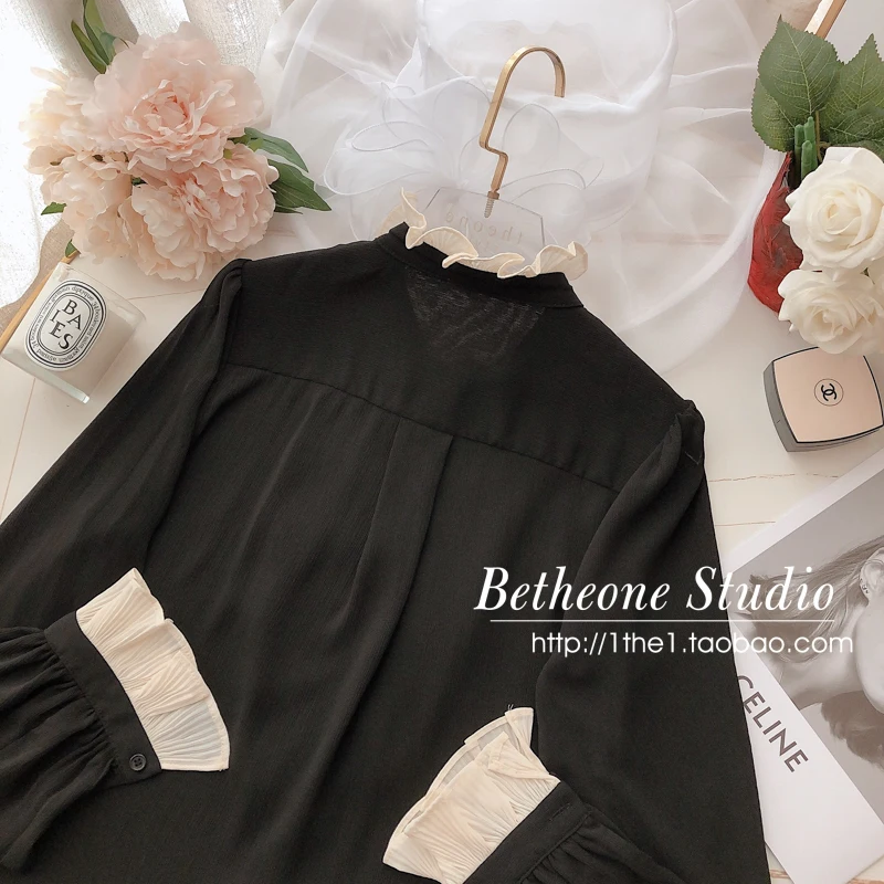 

2021 Spring Autumn French Style Blouse Elegant Retro Socialite Ruffle Patchwork Shirt Women's Court Style Top Long Sleeve Shirt