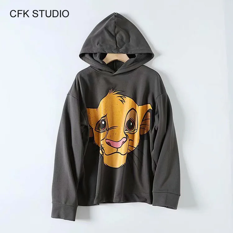 Женские толстовки с капюшоном рисунком льва пуловер ремешками худи новая