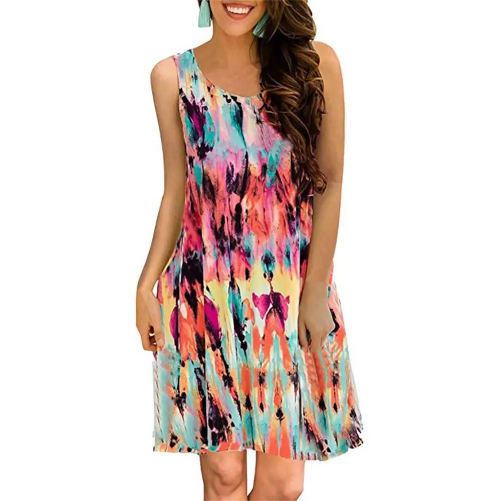

Women's Casual Dress Retro National Wind Loose Round Neck Geometric Print Pocket Sleeveless Dress Summer Stylish Clothing Femme