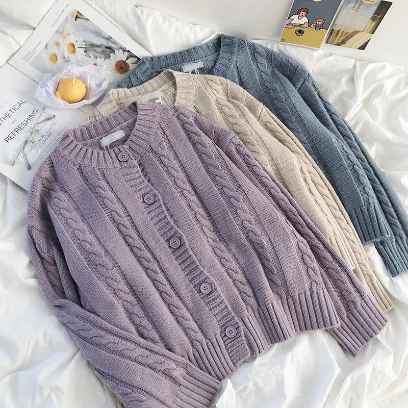 Unif Cardigan Super Gentle Milk White Girl Twist Winter Round Neck Loose Soft Waxy Warm Sweater Jum |