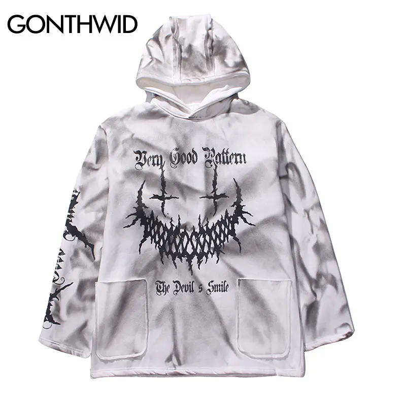 GONTHWID дьявол Улыбка печати галстук краситель флис карманы толстовки уличная хип