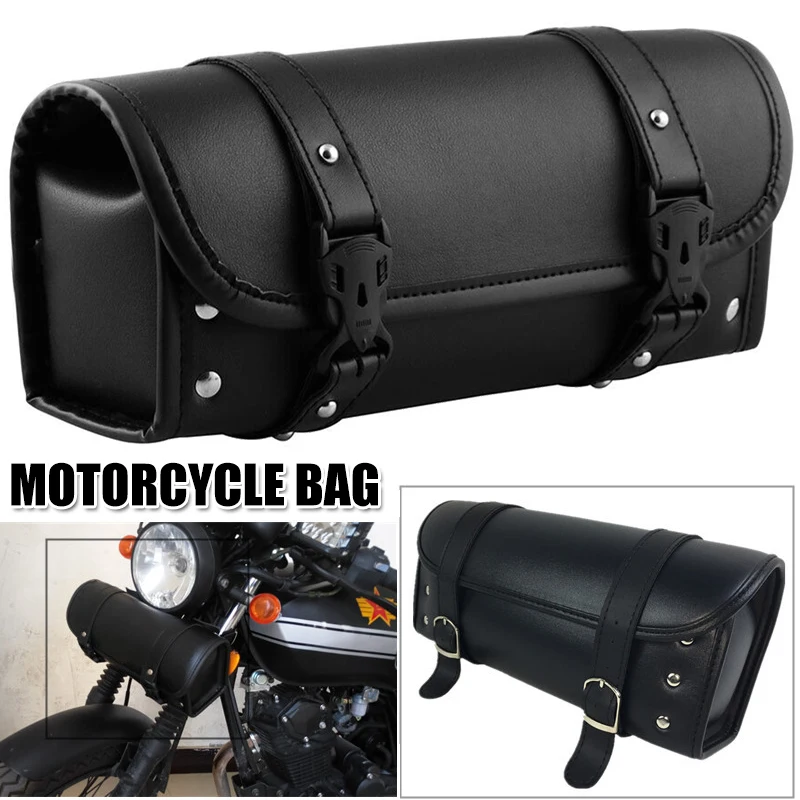 

Universal Leather Motorcycle Tool Bag Fork Handlebar Saddlebag Roll Barrel Pouch Black Motorcycle Bag Vespa Кофры Для Мотоцикла