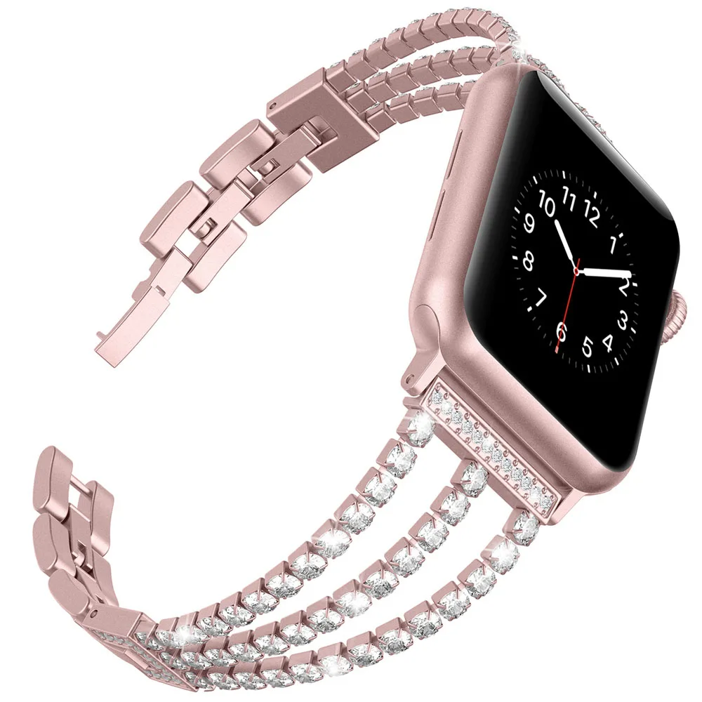 Розовый Бриллиантовый ремешок для Apple Watch, ремешок 40 мм, 44 мм, ювелирный браслет из нержавеющей стали для женщин, для iWatch, серия 5, 4, 3, 2, 1, 38 мм, 42 мм - Цвет ремешка: Розовый