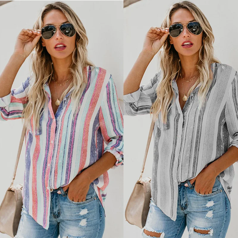 

2021 Autumn And Winter New Style Fashion Color Striped Plus Size Shirt Three-quarter Sleeves Bottoming Shirt