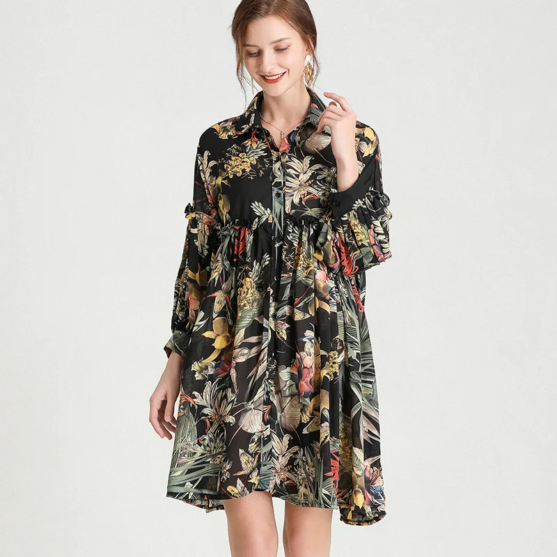 

SuperAen 2021 Spring New Plus Size Loose Fashion Retro Print Turn Down Collar Dress for Women