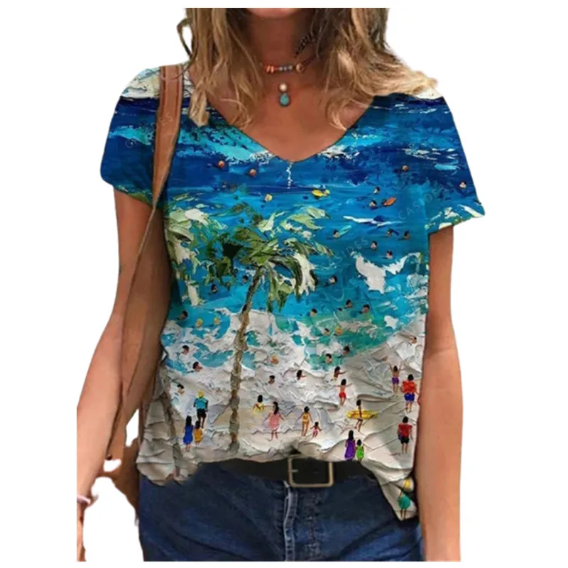 

Women's Clothing Summer Plant Print T-shirt New Fashion V Neck Short Sleeve Ladies Top Loose Harajuku Female Streetwear