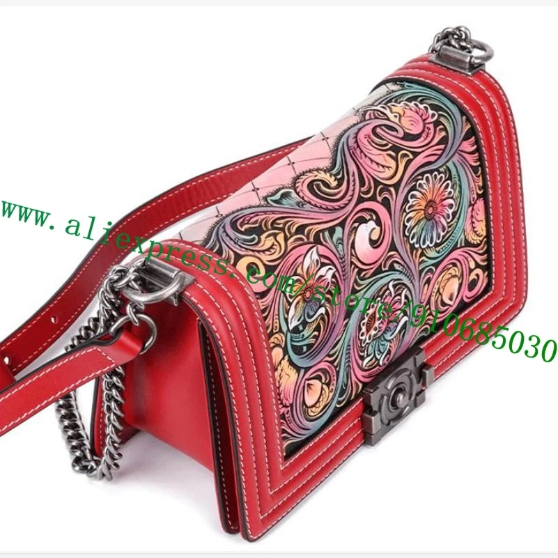 

UNIQUE!! 100% Hand-Painting Crafted Carving Sulpture Engraving Lady Red Italy Imported Leather Shoulder Bag Women Handbag