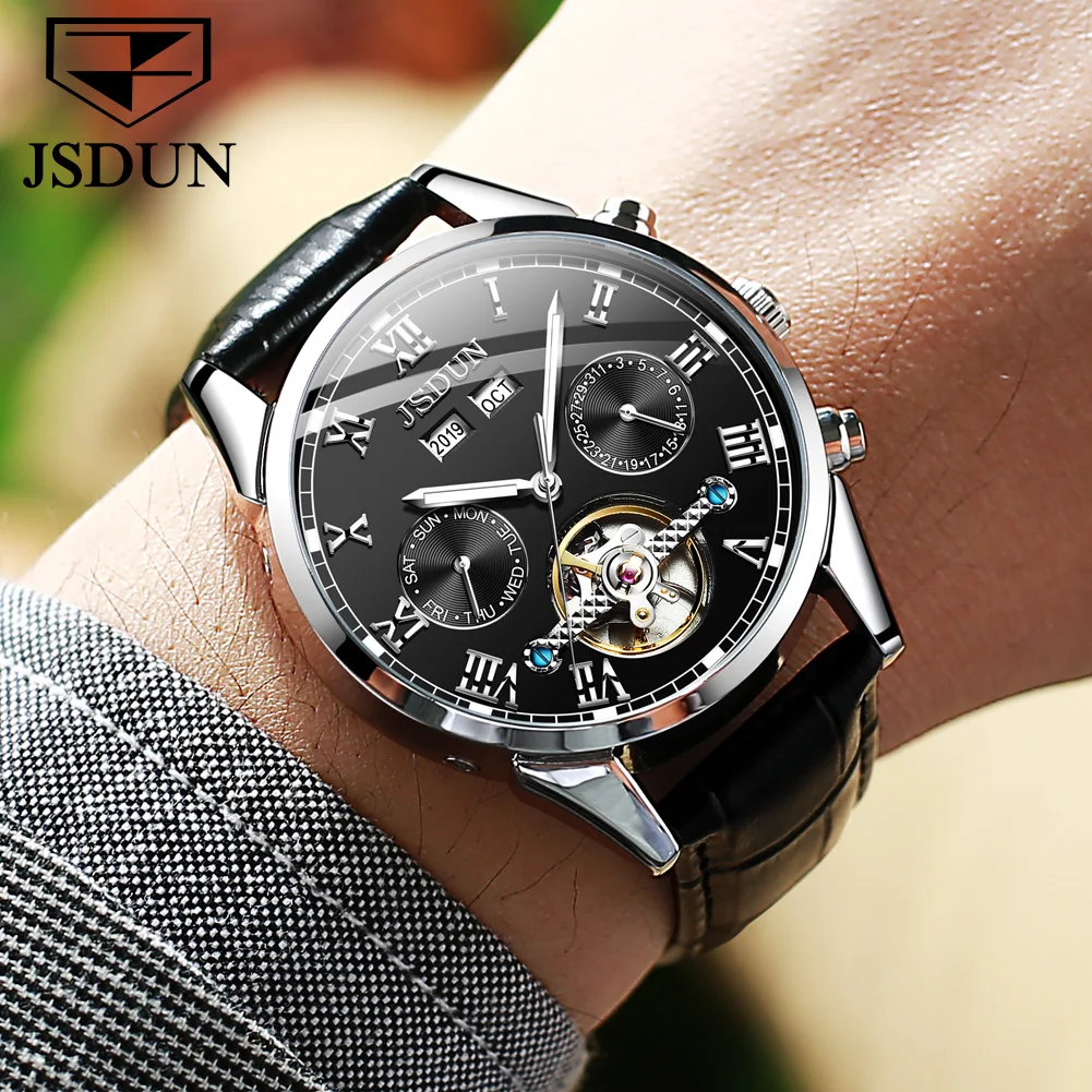 

JSDUN Top Brand Men Mechanical Watch Sapphire Automatic Watch Men Leather 30 ATM Waterproof Classic Wristwatch Reloj Hombre