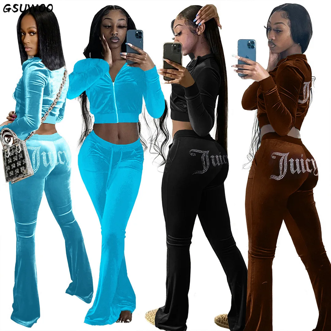 

GSUWOO Casual Diamonds Letter Juicy Velvet Two Piece Set Zip Long Sleeve Hooded Sweatshirts Joggers Flare Pants Outfit Tracksuit