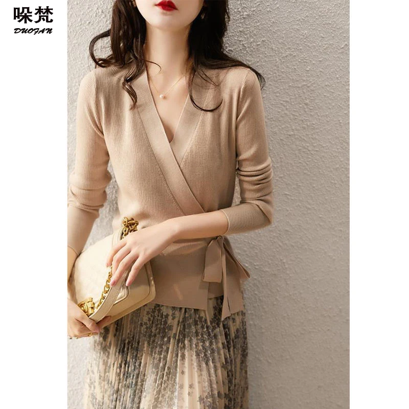 

DUOFAN Cardigan Women Lace Up Solid V-Neck Sweater Knitted Long Sleeve Top Straight Chic Jumper Patchwork Fashion Knitwear Coat