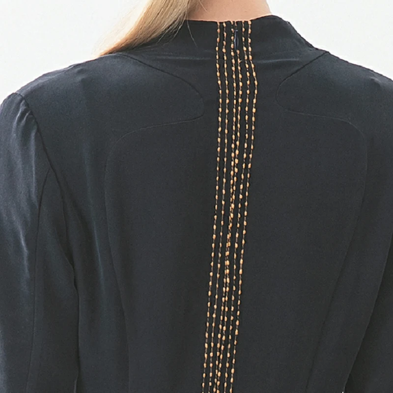 

VOA Heavy Silk Chicken Heart Collar Seven-sleeve Clear-line Straight Pin X-shaped Trim Summer Party Dress Women Clothes A10220