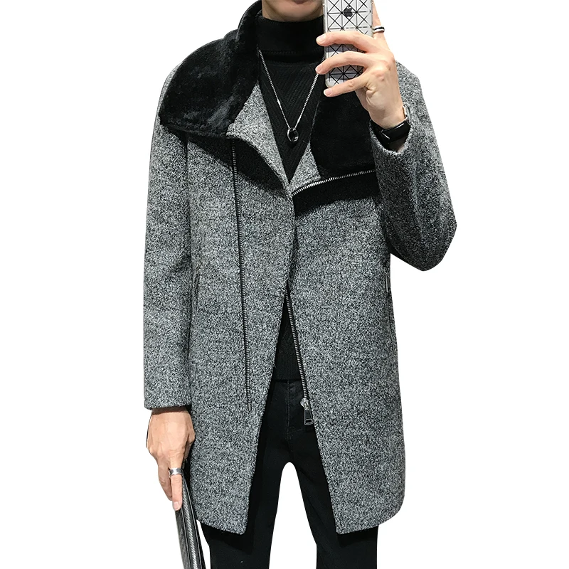 Мужское пальто с большим меховым воротником Мужская ветровка зимнее шерстяное