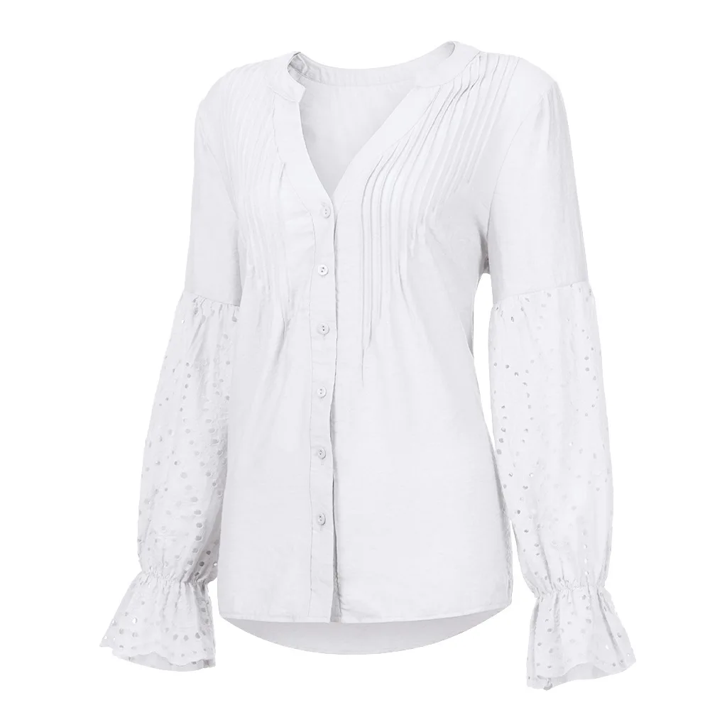 

Spring and Autumn New Solid Color Shirt Women European and American V-neck Single-breasted Horn Long-sleeved Loose Shirt Women