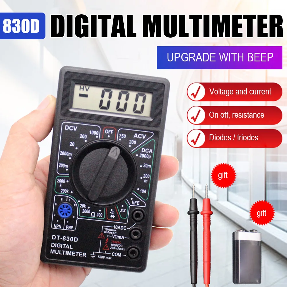 

Mini Pocket Digital Multimeter DT830D Maximum LCD Display 1999 AC DC Voltage DC Current Resistance Diode hFE Continuity Tester