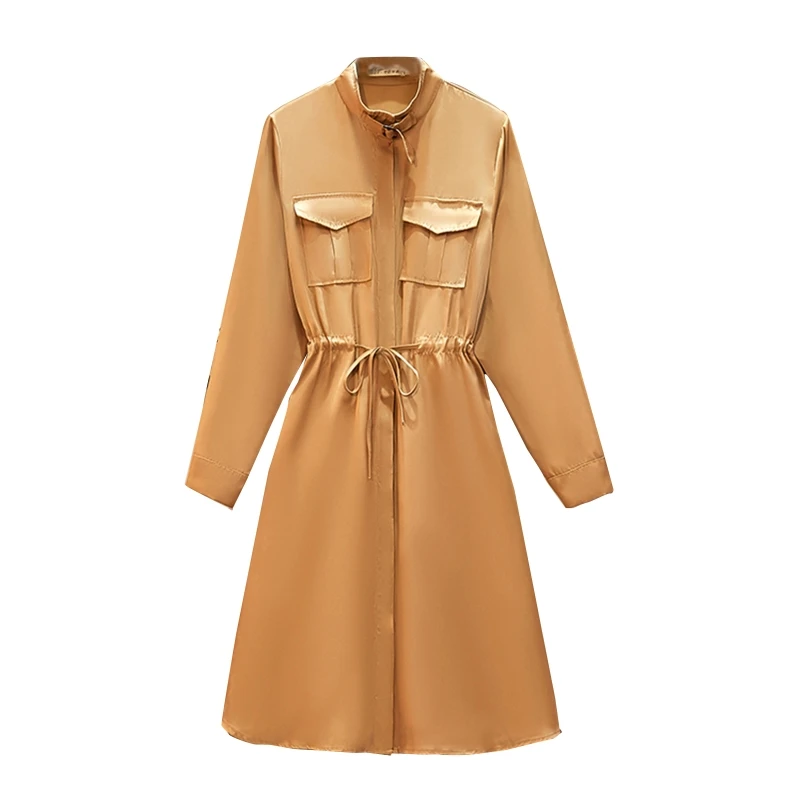 

Autumn Fashion Women Elastic Drawstring Tunic Jackets Female Long Sleeve Stand Collar Coat Outerwear