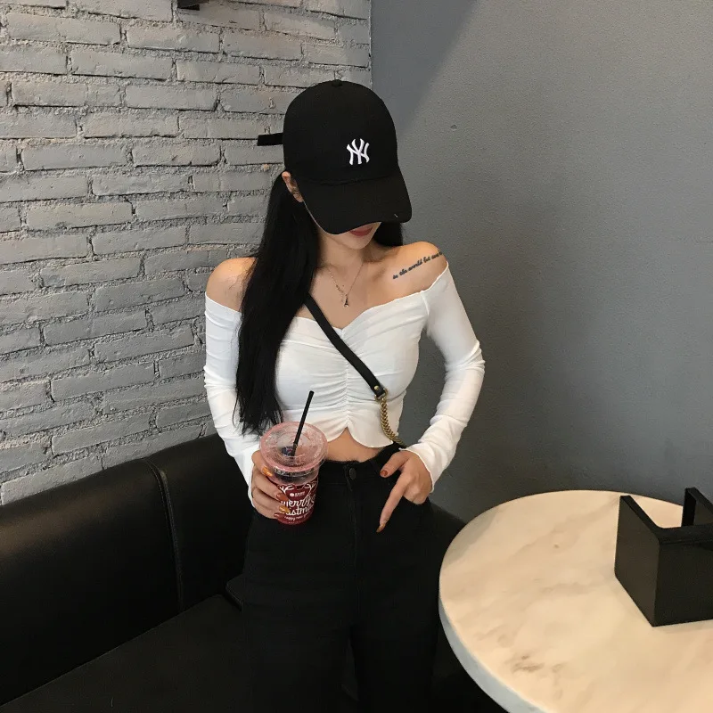 Пикантная женская футболка с открытыми плечами облегающие топы черный красный