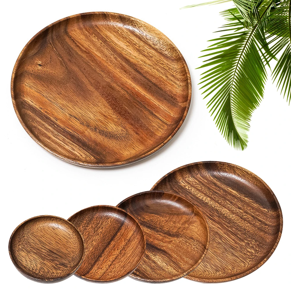

Round Solid Wood Plate Whole Acacia Wood Fruit Dishes Wooden Saucer Tea Tray Dessert Dinner Breakfast Plate Tableware Set