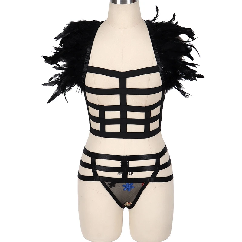 

Harness Womens Feathers Sets Garters Sexy Underwear Black Fetish Strap Bondage Harness Thigh Stocking Suspender Belt Goth Punk