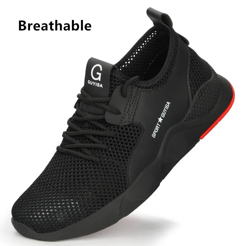 Black red-Breathable Мужская Рабочая защитная обувь со стальным носком; Легкие дышащие уличные кроссовки; непромокаемые ботинки; неубиваемая обувь для мужчин - Цвет: Black red-Breathable