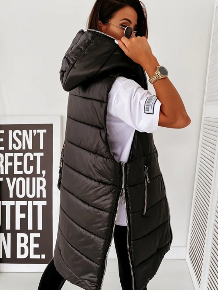 

Sleeveless Puffer Jacket Women Hooded Cotton Padded Waistcoat Casual Streetwear Zipper Pocket Jacket Plus Size Long Quilted Coat