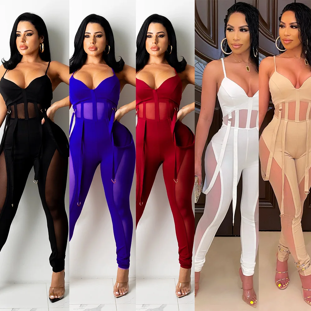 

Women's autumn new net gauze perspective sexy suspenders long pants women