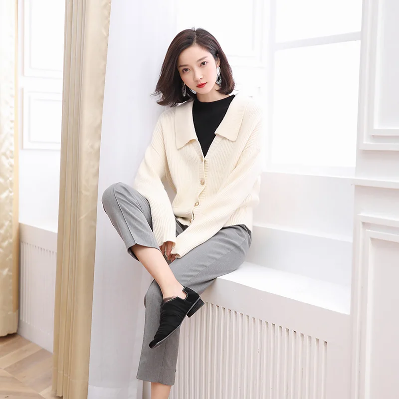 

Ladies Spring & Autumn Woman V-Nect Sweater Cardigan Coat Knitted Elehgant Female Long Sleeve Solid Colors Silm Knit Sweater