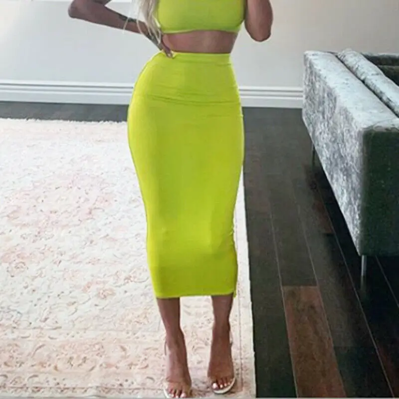 

New Women Autumn Solid Stretch Pencil Skirt Ladies Sexy High Waist Below Knee Midi Fitted Work Office Skirts