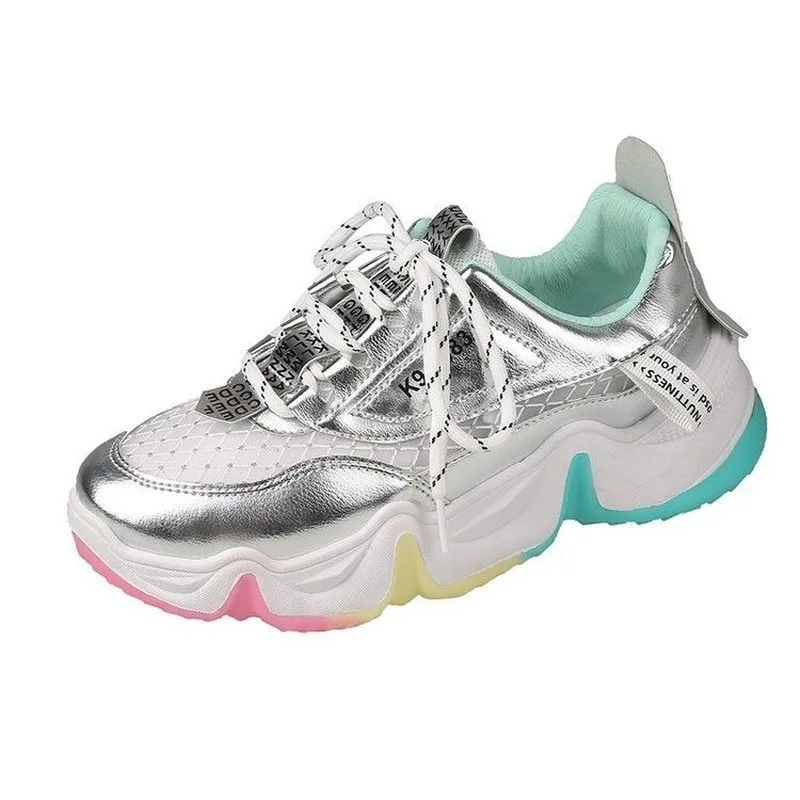 

LLOGAI Women's Shoes Ladies Sneakers Silver Casual Shoes Fashion Chunky Sneakers Ladies Gold Vulcanized Shoes Women 2021 New