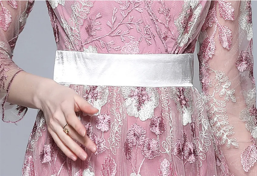 JSXDHK Шикарное женское розовое платье с цветочным принтом, новинка весна 2022 года, V-образный вырез, сетчатые цветочные вышивки, платье с высокой талией для вечеринки Vestidos Robe.