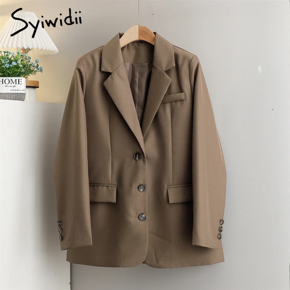 Syiwidii кофейная куртка Женский блейзер офисное деловое Пальто однобортное