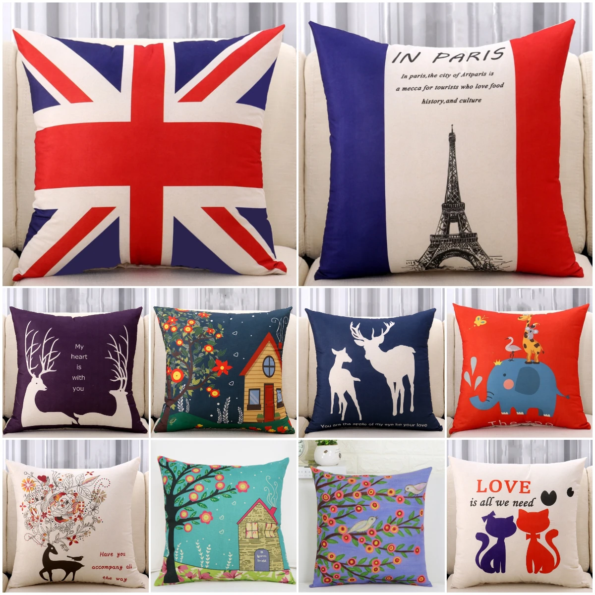 Новая современная льняная хлопковая наволочка с милыми животными из мультфильма