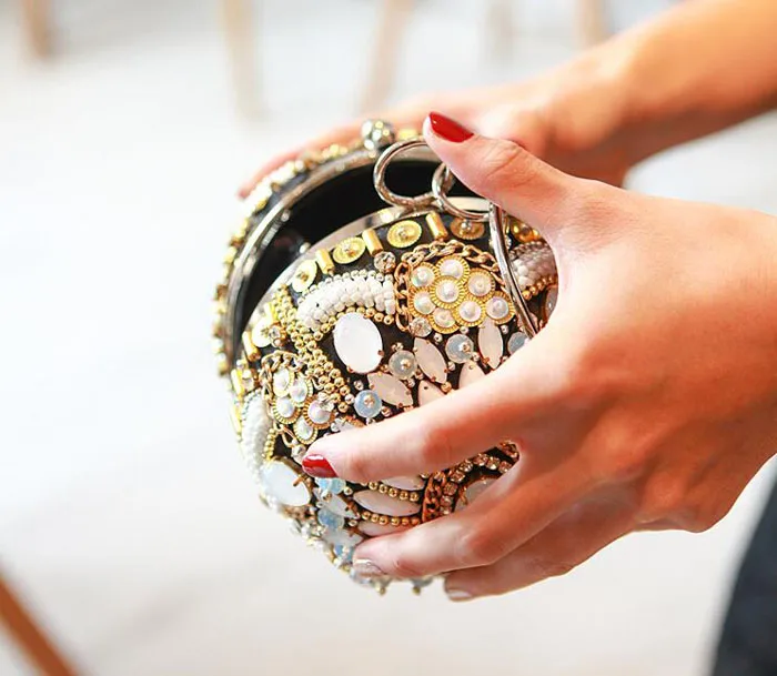 Новая мода Золотая форма боулинг сумки на плечо силивер алмаз и жемчуг бисером