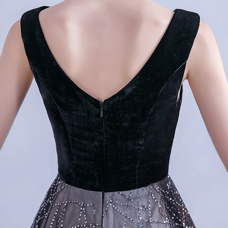 

Evening Dresses Illusion V-Neck Sleeveless Court Train Sequined A-Line Tulle Lace Luxury Black Elegant Women Formal Gown TS742