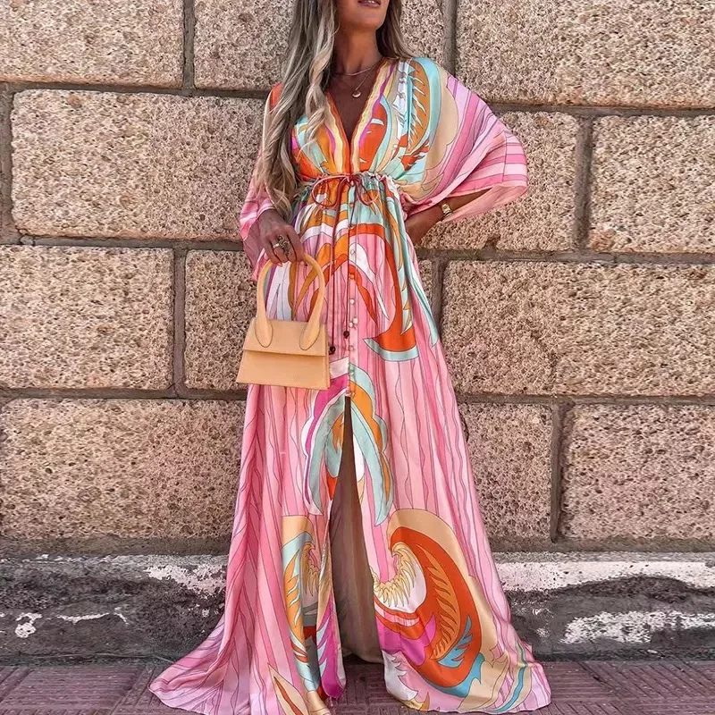 

Elegant Deep V Neck Printing Hem Maxi Dresses Women Casual Button Elastic Waist Long Party Dress Summer Loose Slit Beach Dress
