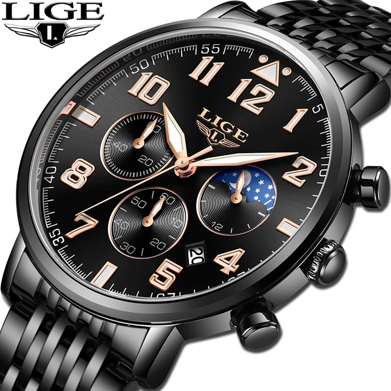 Часы наручные LIGE Мужские кварцевые с хронографом модные спортивные повседневные