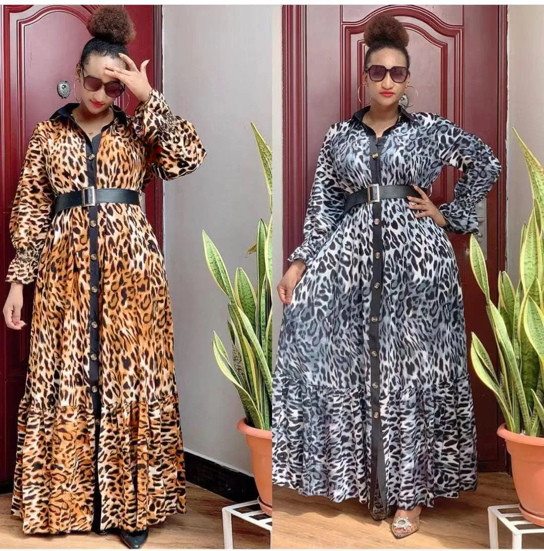 

Chiffon Single-breasted Shirt Long Dress Elegant Women Fashion Leopard Print Full Sleeve Loose Big Swing Maxi Club Party Dress