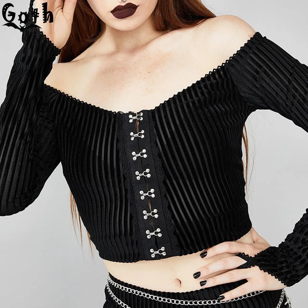 Goth Сексуальная Блузка с открытыми плечами женская прозрачная готическая Черная