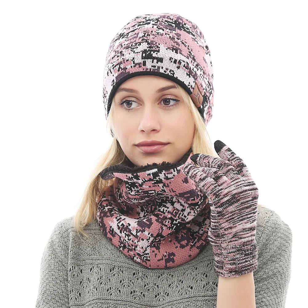 

Unisex Warm Hat Scarf Camouflage Beanie Winter Gloves Set Sports Knitted 3pcs