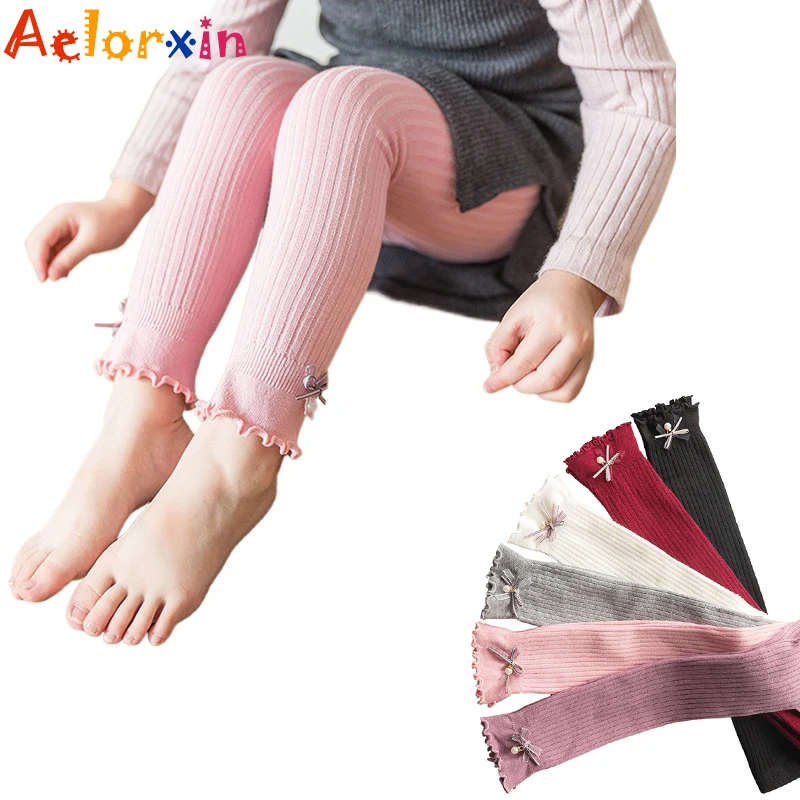 

18M-3T Girl Leggings Children Solid Color Knit Autumn Winter Beads Bow Striped Girls Baby Leggings Girls Ankle-Length Pants
